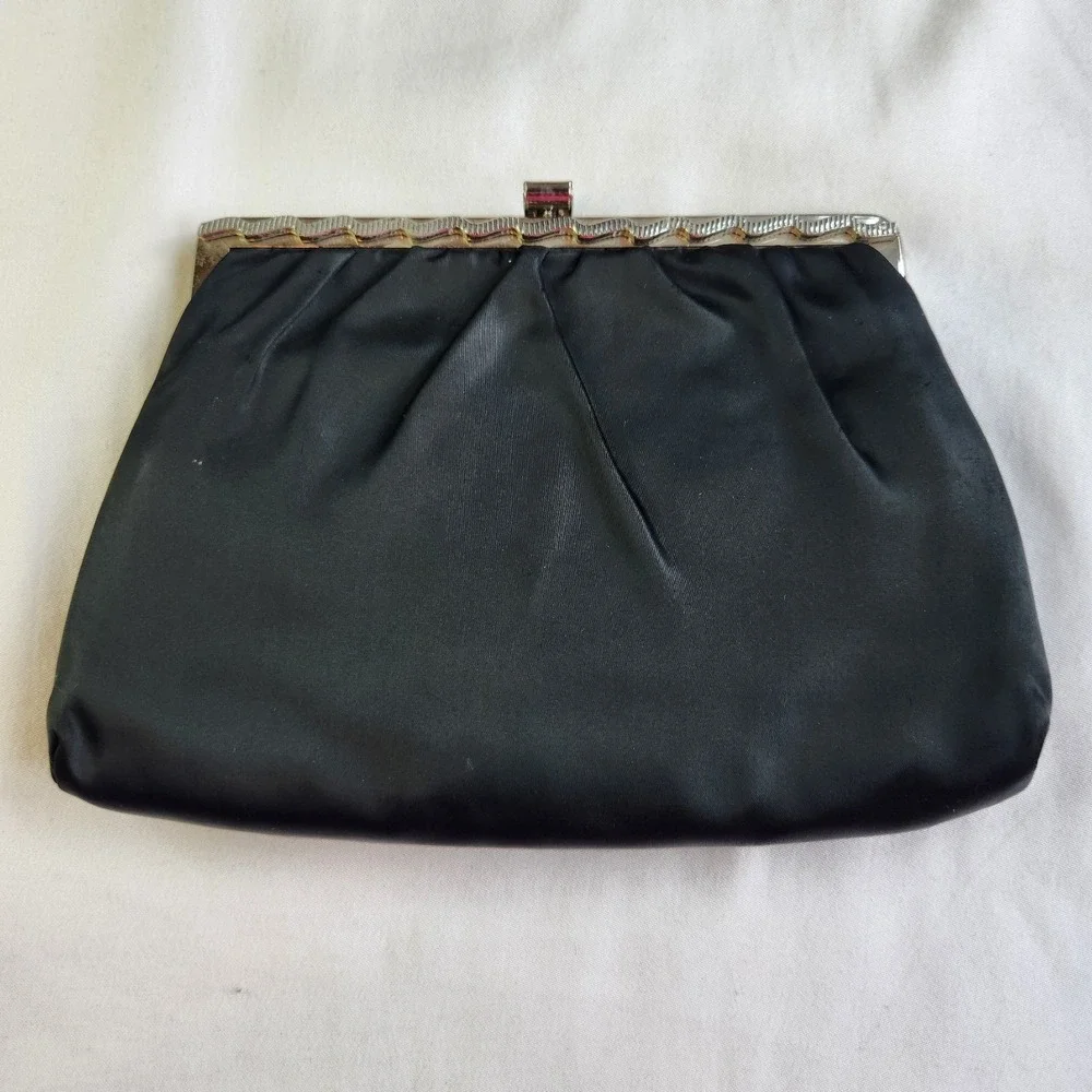 Vintage Satin Classic‎ Clutch Purse Decorative Art Deco Black